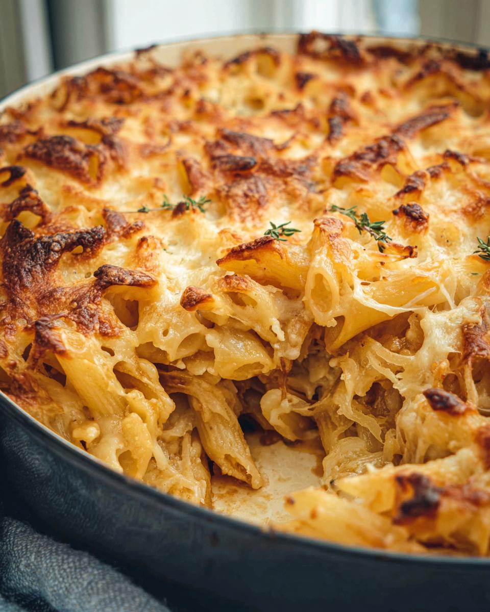 Close-up of a baked penne pasta dish with a golden-brown cheesy crust, perfect for pasta recipes.
