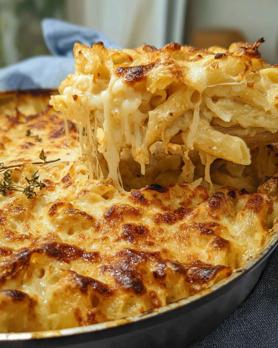 A serving spoon lifting a portion of cheesy baked penne pasta from a casserole dish, showing melted cheese strings.