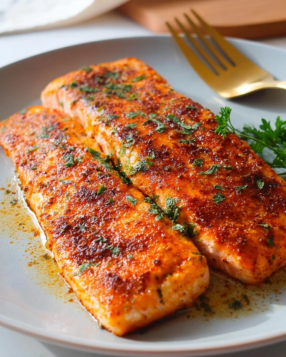 Two perfectly baked salmon fillets seasoned with spices and fresh parsley, part of The Ultimate Salmon Recipes Guide for Beginners.