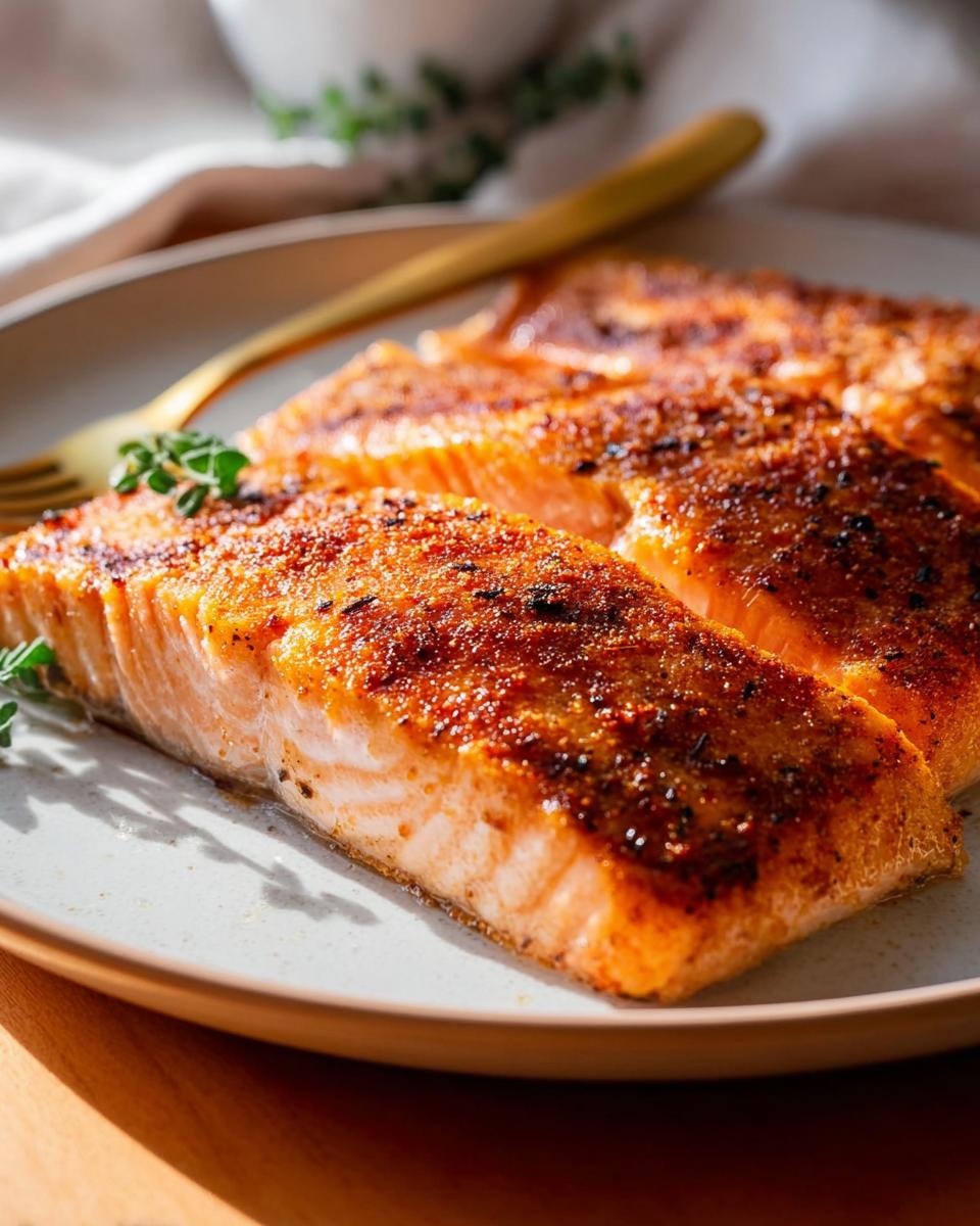 Three perfectly baked salmon fillets seasoned and garnished with fresh herbs on a plate.