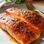 Two perfectly baked salmon fillets seasoned with spices and herbs, ready to eat. Part of The Ultimate Salmon Recipes Guide for Beginners.
