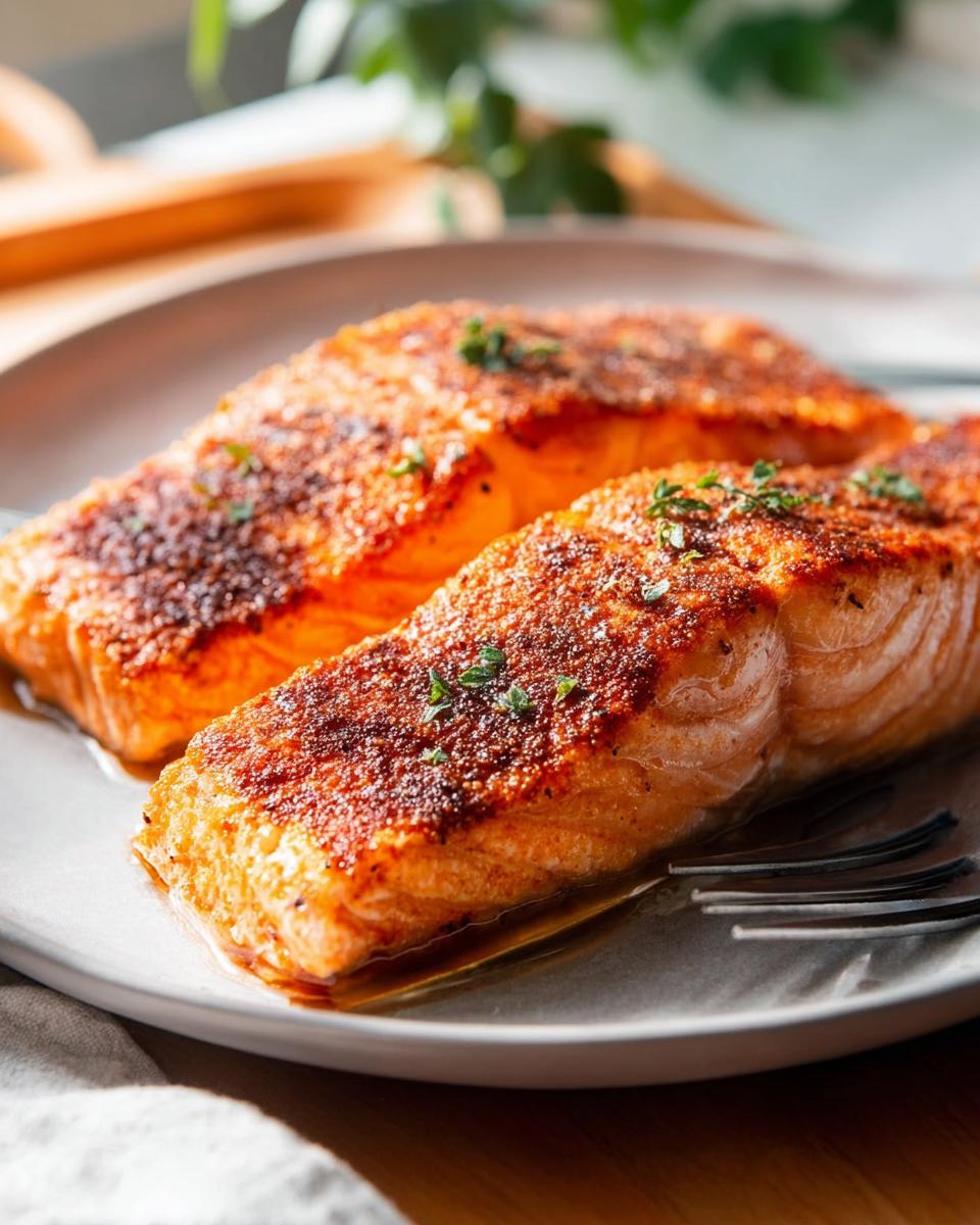 Two perfectly baked salmon fillets seasoned and garnished with herbs, ready to be served.