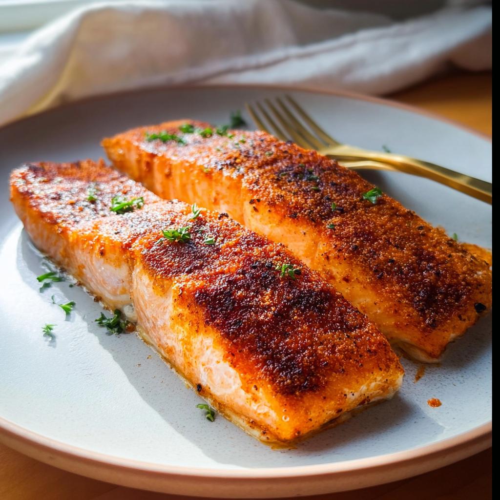 Two perfectly baked salmon fillets with a crispy crust, seasoned and garnished with parsley, part of The Ultimate Salmon Recipes Guide for Beginners.