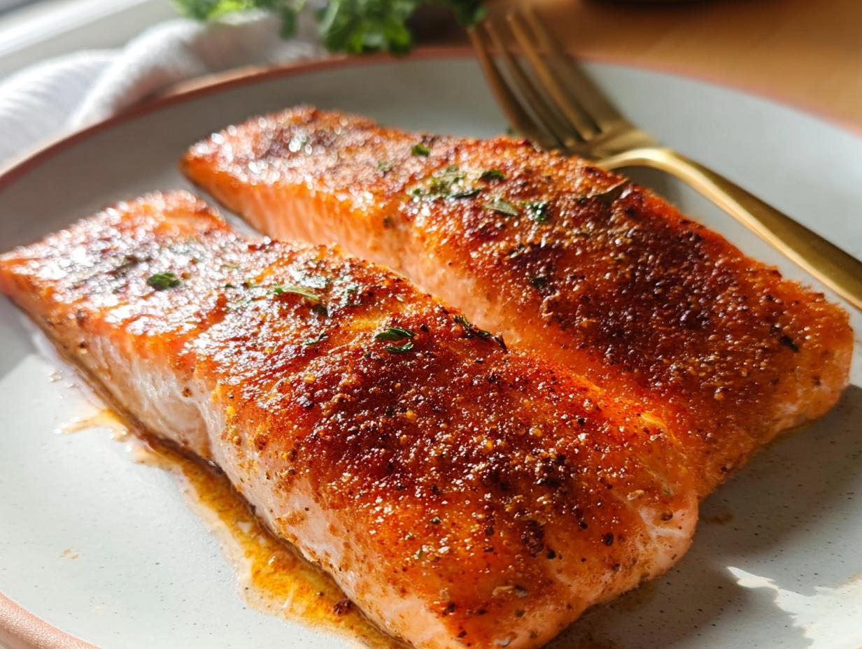 Two perfectly baked salmon fillets seasoned with spices and herbs, ready to eat. Part of The Ultimate Salmon Recipes Guide for Beginners.