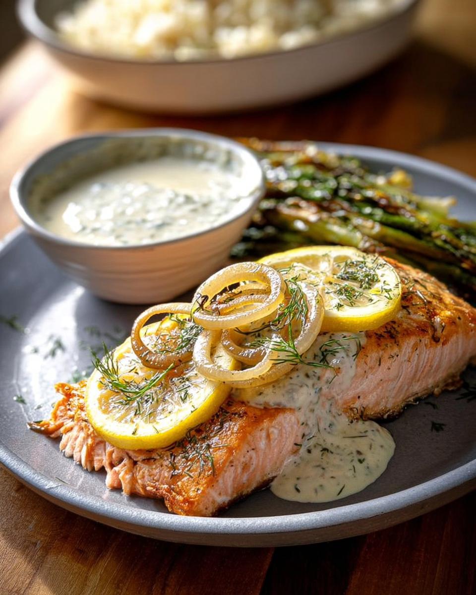 A perfectly baked salmon fillet topped with lemon slices, caramelized onions, and fresh dill, served with creamy sauce and asparagus.