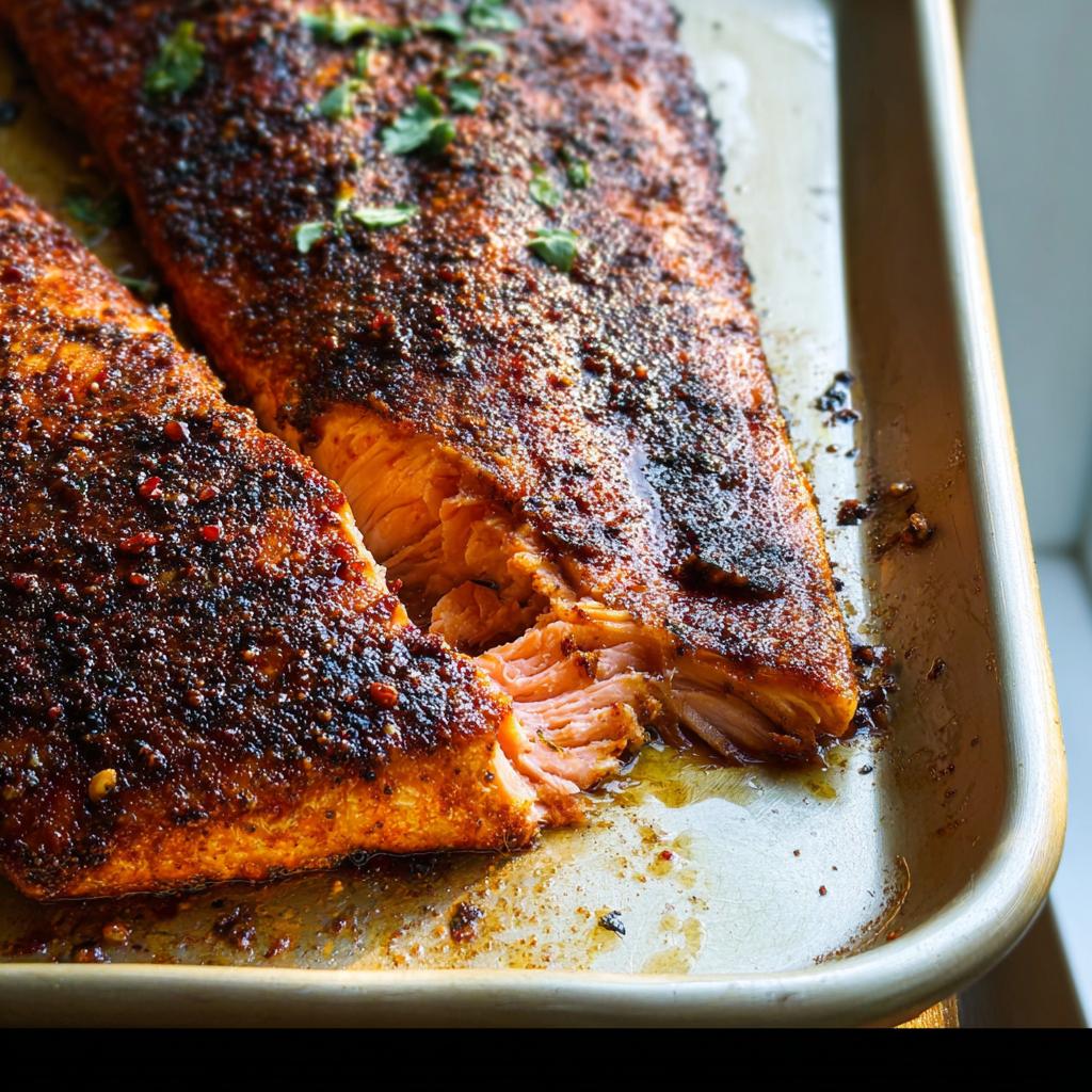 Close-up of a flaky, seasoned salmon fillet baked on a sheet pan, showcasing its tender texture.