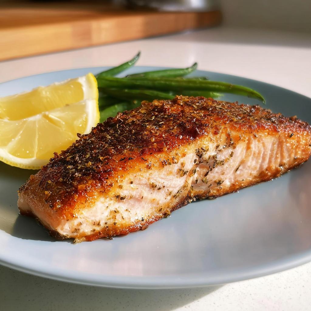 A perfectly baked salmon fillet seasoned with herbs, served with lemon wedges and green beans on a blue plate. This is one of the best salmon recipes.