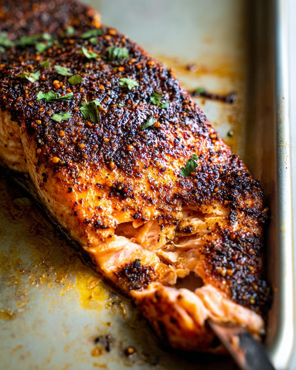 Close-up of a perfectly baked salmon fillet with a spice crust and fresh parsley, ready to be served.