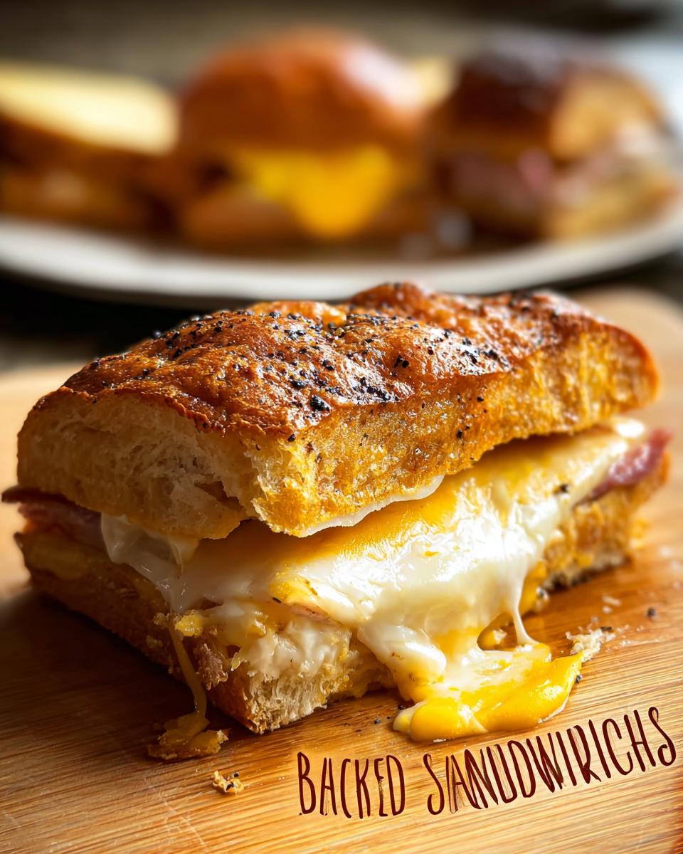 A close-up of a baked sandwich with melted cheese oozing out, showcasing delicious sandwich ideas.