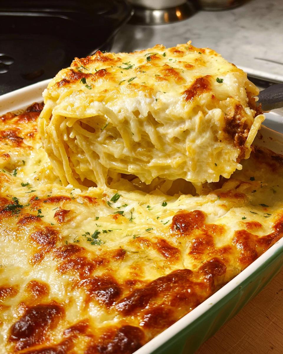 A serving spoon lifts a generous portion of cheesy baked spaghetti casserole from a baking dish, showing golden-brown melted cheese and pasta.