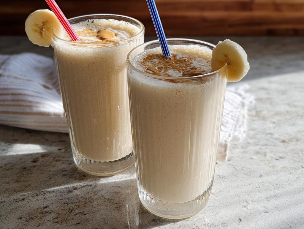 Two tall glasses of creamy banana peanut butter smoothie, topped with peanut butter drizzle and garnished with banana slices. A great breakfast idea.