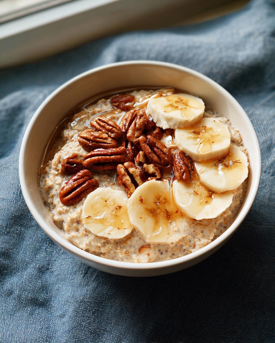 A bowl of oatmeal topped with banana slices, pecans, and drizzled with honey, perfect for busy weeknight breakfasts.