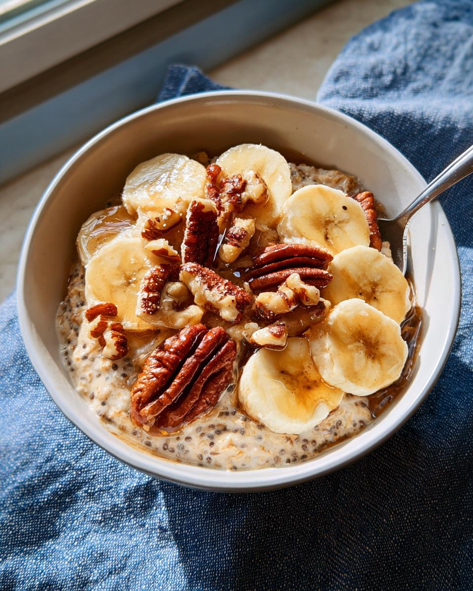 Overnight oats with banana slices, pecans, and a drizzle of honey, perfect for busy weeknights.