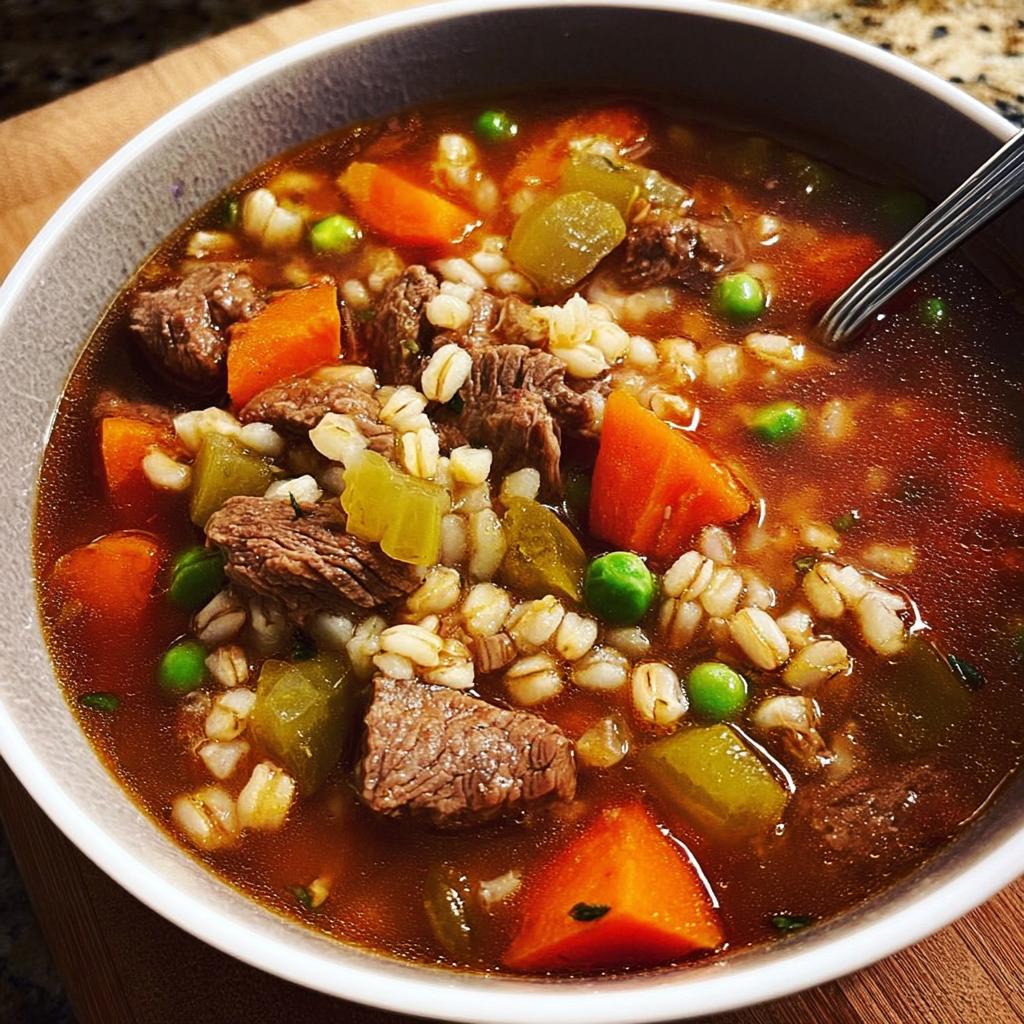 A close-up of a bowl of hearty beef barley soup, featuring tender beef chunks, carrots, peas, and barley in a rich broth.