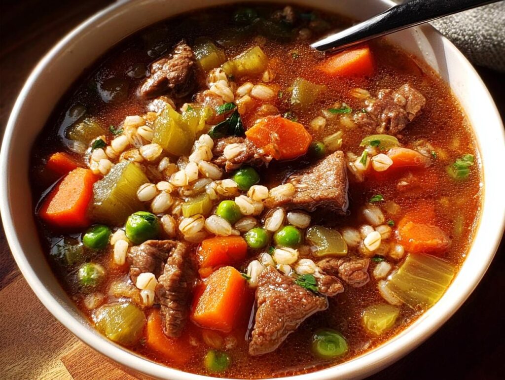 A close-up of a bowl of hearty beef barley soup, featuring tender beef chunks, barley, carrots, peas, and celery in a rich broth.