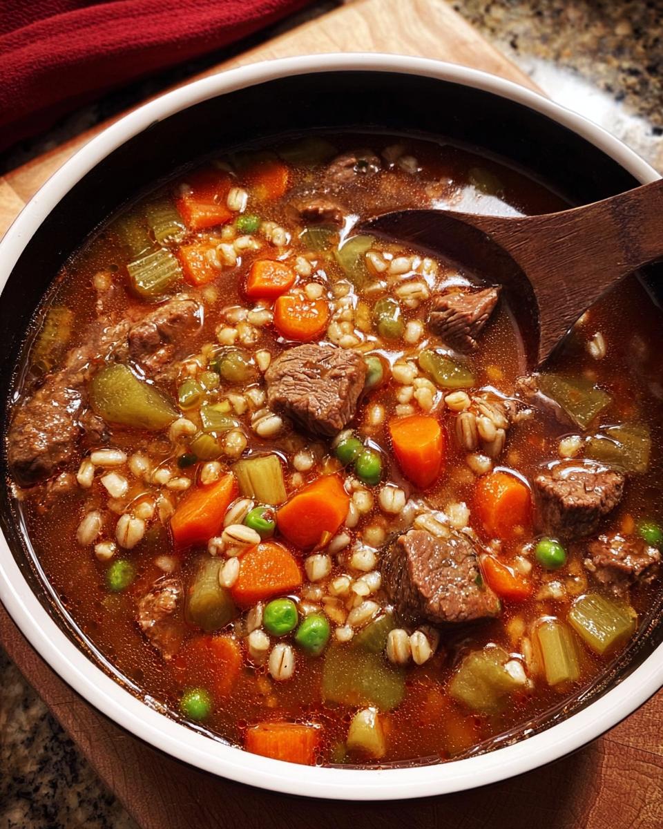 A close-up of a bowl of hearty beef barley soup, packed with tender beef chunks, carrots, celery, peas, and barley.