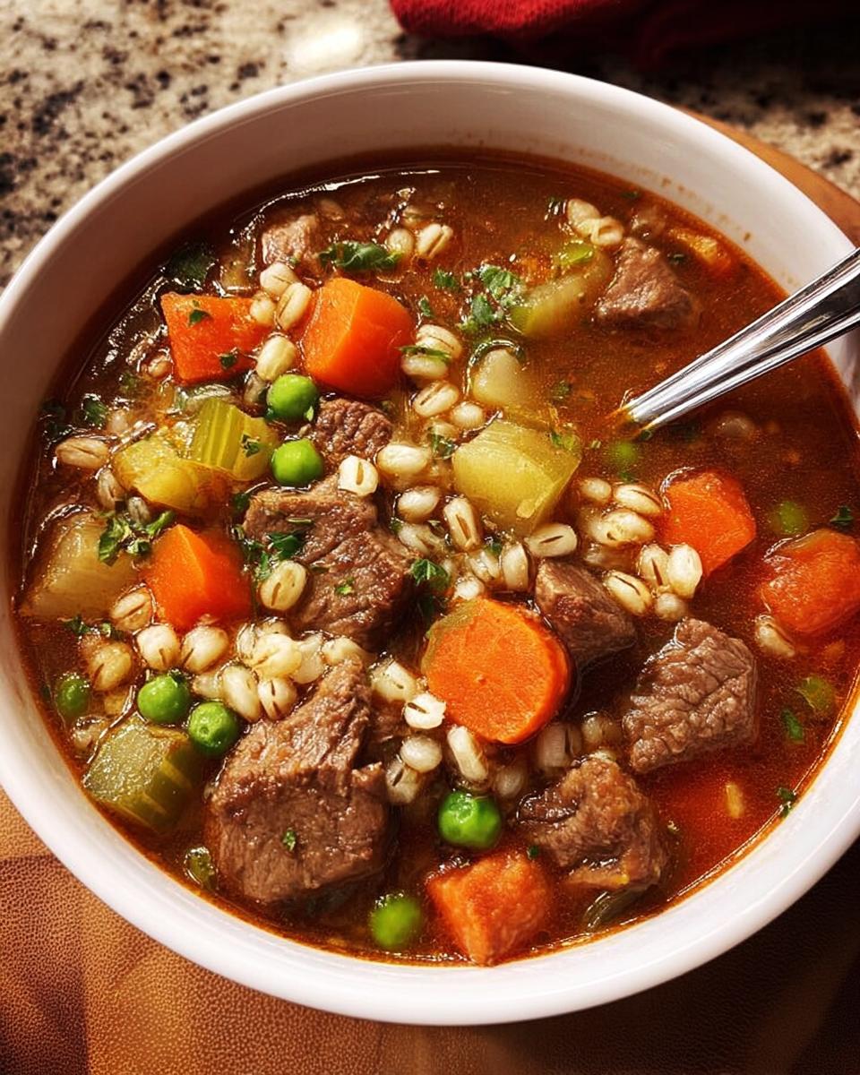 A close-up of a bowl of hearty beef barley soup, packed with tender beef chunks, carrots, peas, and barley.