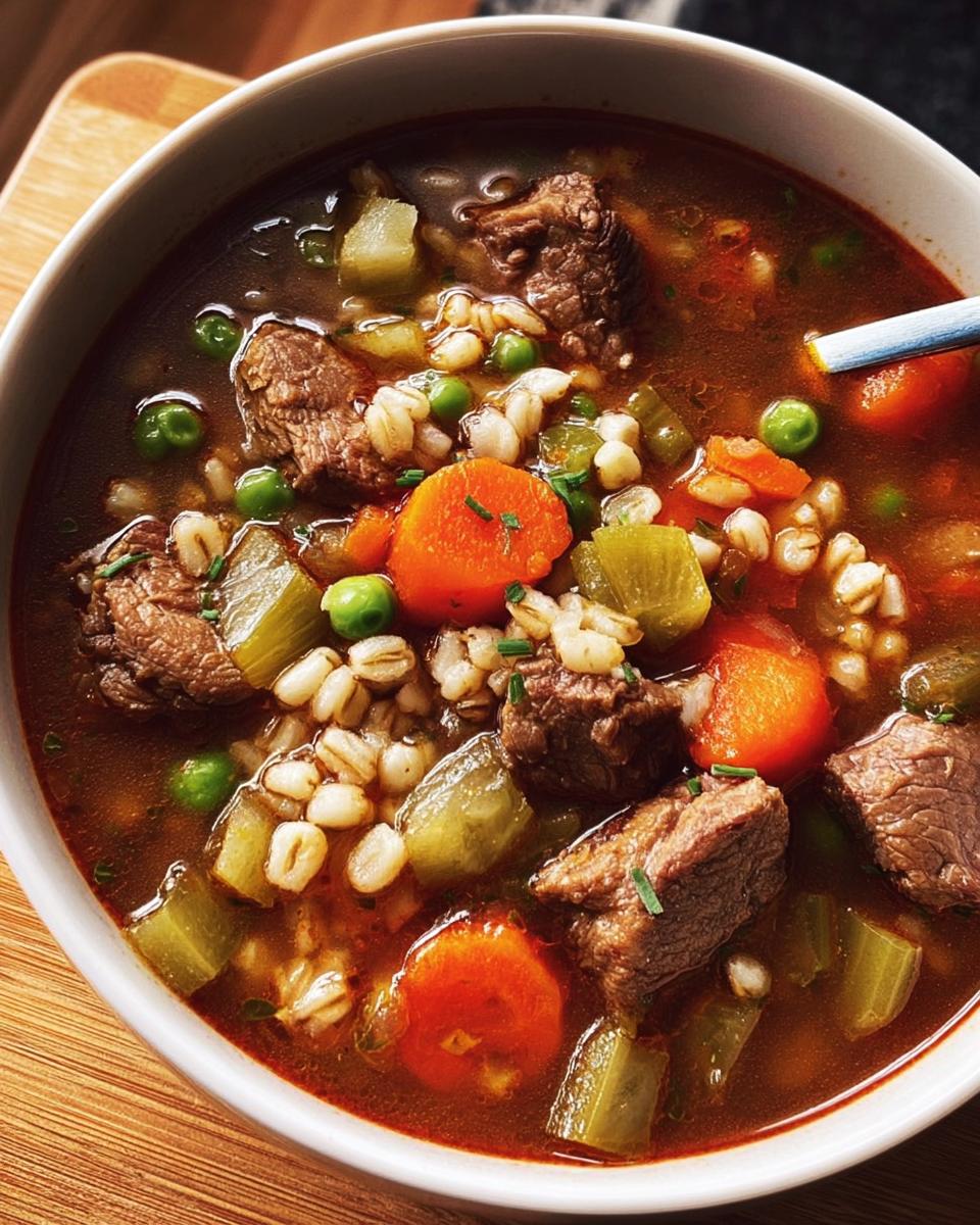 Close-up of a bowl of hearty beef barley soup with tender chunks of beef, carrots, peas, and celery.