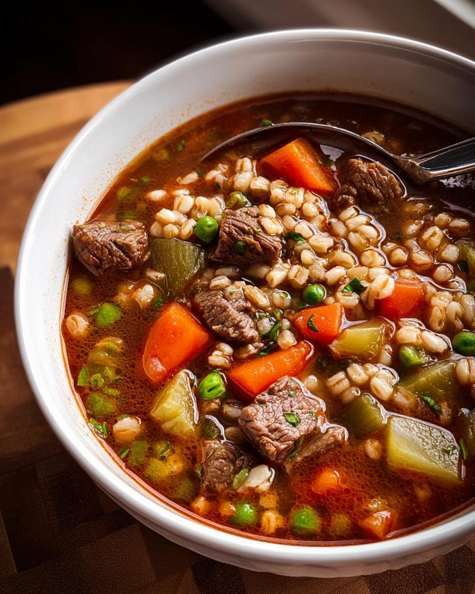 A close-up of a bowl of hearty beef and barley soup, featuring tender chunks of beef, carrots, peas, and barley in a rich broth.