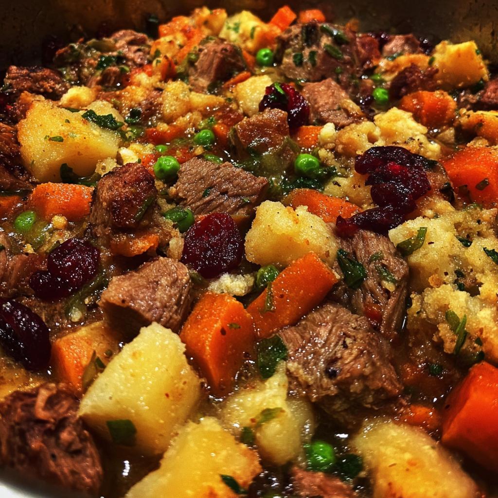 Close-up of a hearty beef and cranberry stuffing recipe with potatoes, carrots, and peas.