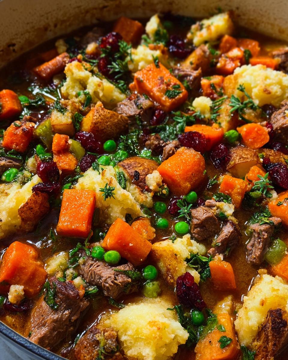 Close-up of a rich beef stew with chunks of beef, carrots, peas, cranberries, and fluffy dumplings, part of our Stuffing Recipes.
