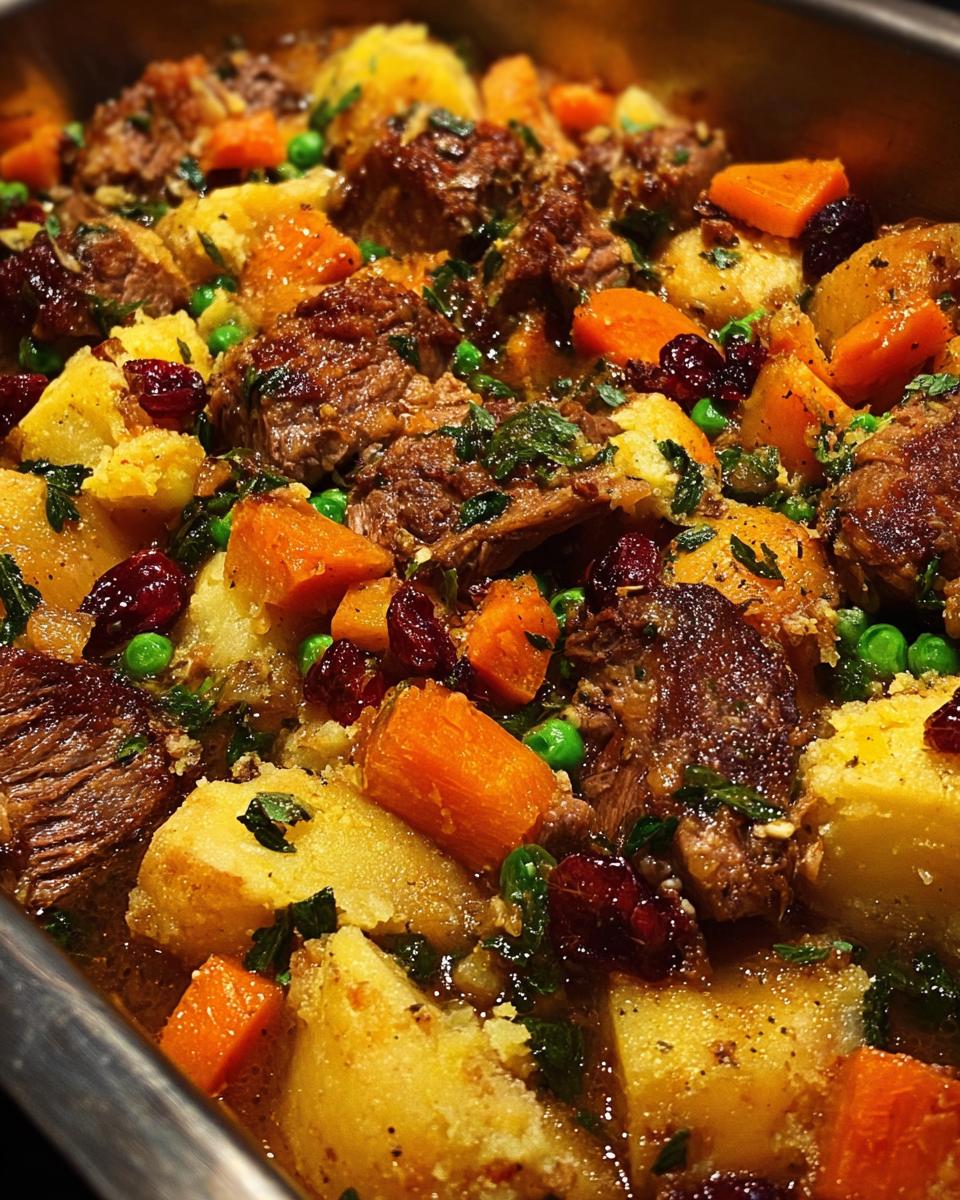 Close-up of a hearty beef stew with chunks of tender beef, potatoes, carrots, peas, and cranberries.