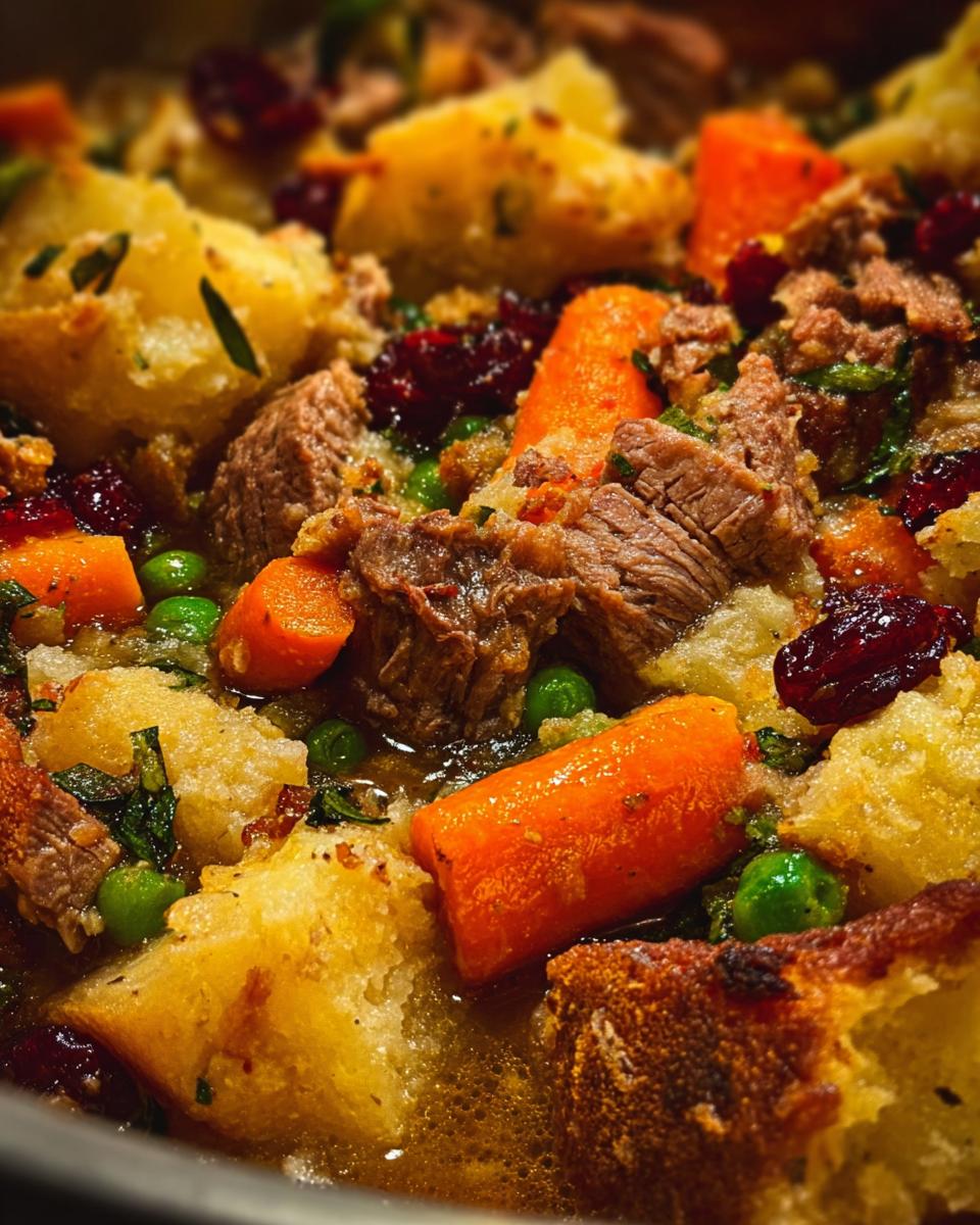 A close-up of a hearty beef and vegetable stuffing recipe with carrots, peas, and cranberries.