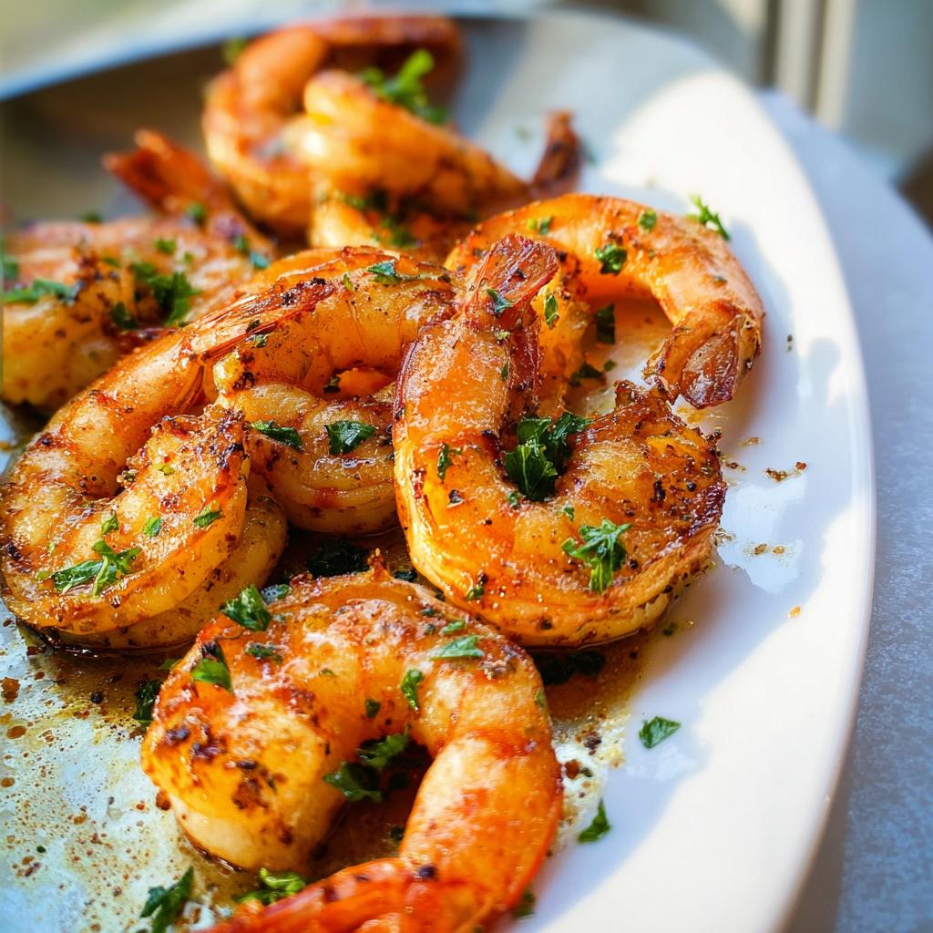 Close-up of perfectly cooked garlic butter shrimp, seasoned and garnished with parsley.