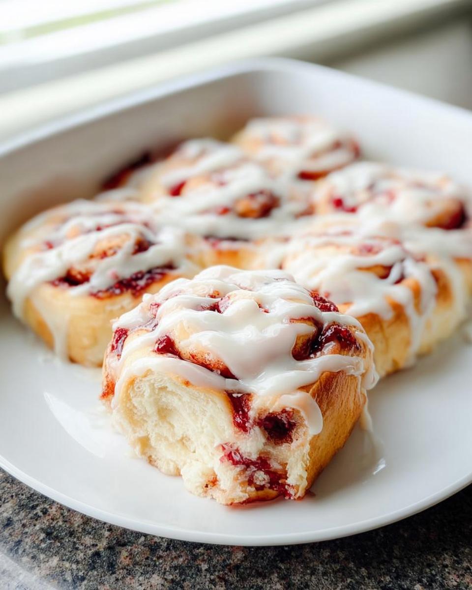 Close-up of a sweet berry cinnamon roll, drizzled with icing, part of a batch of breakfast ideas recipes.
