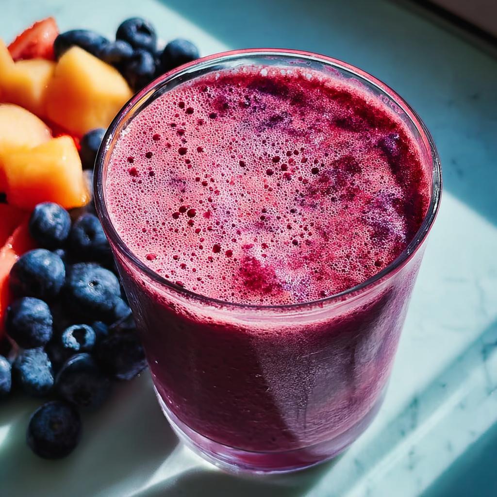 A vibrant berry smoothie in a glass, surrounded by fresh blueberries, cantaloupe, and strawberries. A perfect breakfast idea.