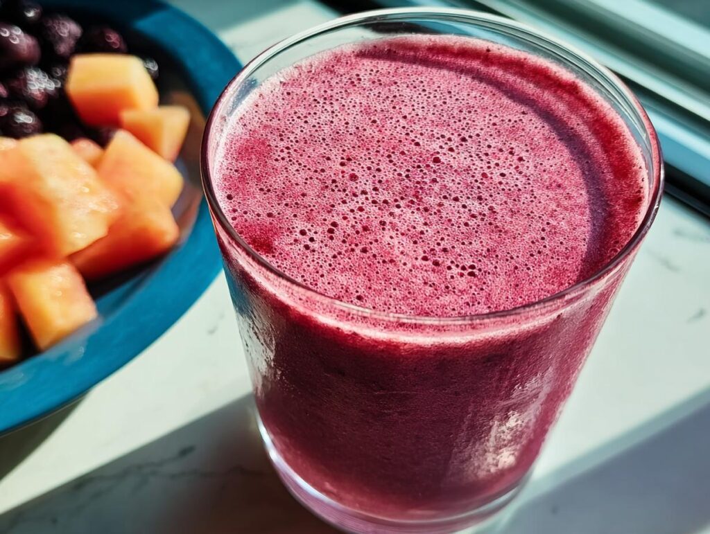 A vibrant berry smoothie in a glass, with a side of diced melon and blueberries, perfect for breakfast ideas.