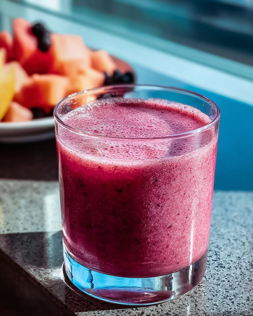 A vibrant, frothy berry smoothie in a glass, perfect for breakfast ideas recipes, with a fruit salad in the background.