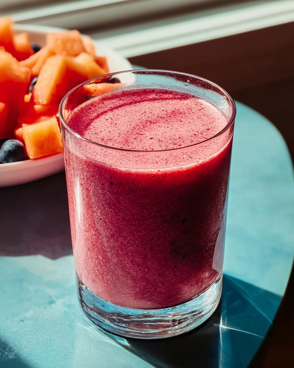 A vibrant berry smoothie in a glass, with a bowl of fruit salad in the background, perfect for breakfast ideas recipes.