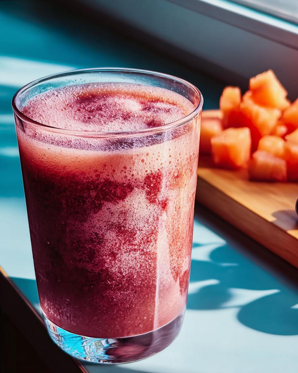 A close-up of a vibrant berry smoothie in a glass, with chopped fruit in the background, perfect for breakfast ideas.