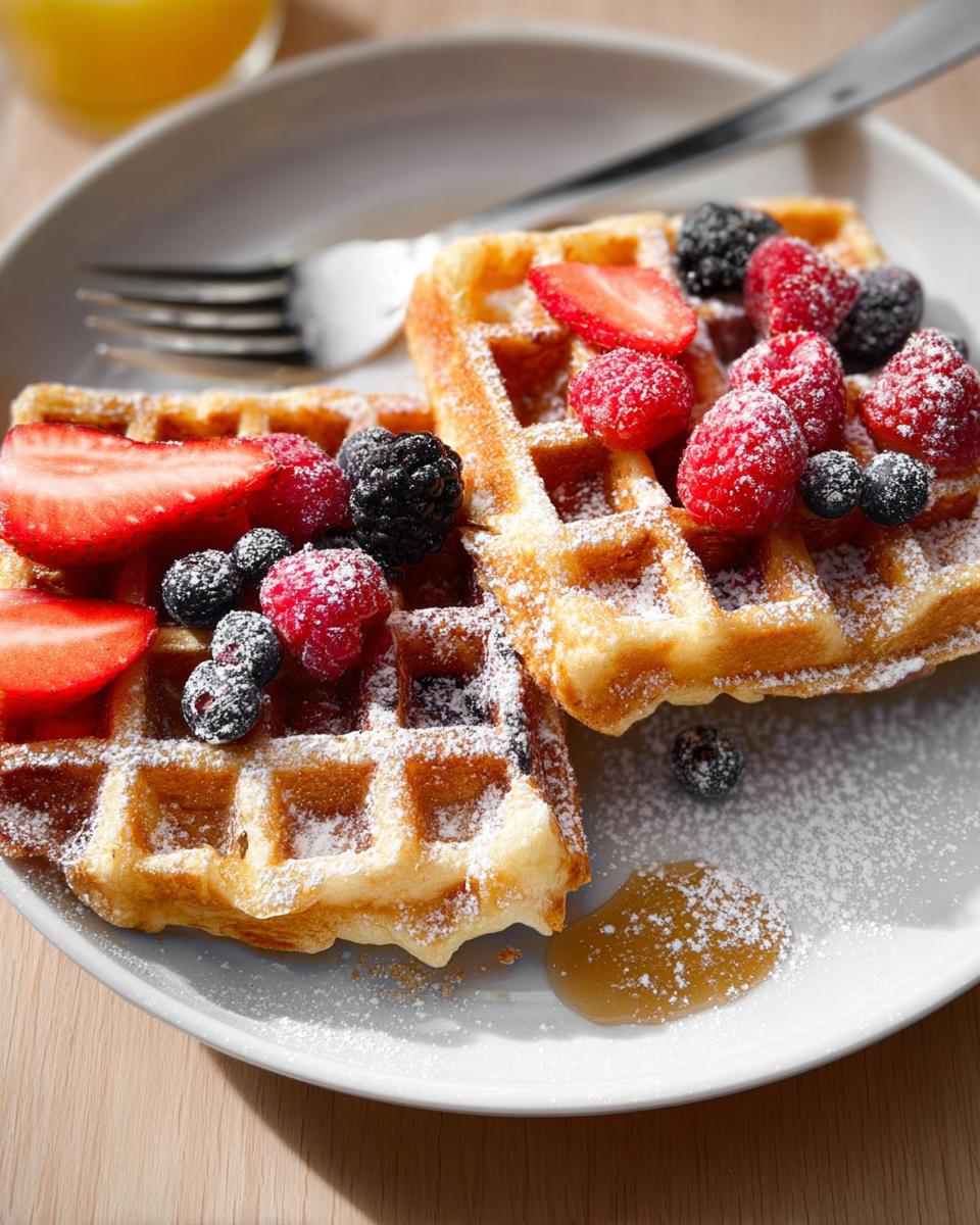 Two golden waffles topped with fresh strawberries, raspberries, blueberries, and blackberries, dusted with powdered sugar. A perfect breakfast idea.
