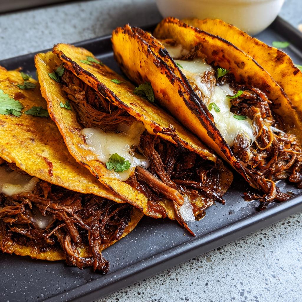 Close-up of three mouthwatering Birria tacos filled with shredded beef and melted cheese, garnished with cilantro.