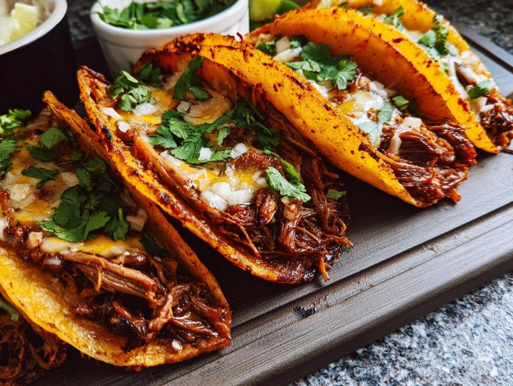 A close-up of delicious birria tacos filled with shredded meat, melted cheese, and cilantro, perfect for Taco Tuesday.