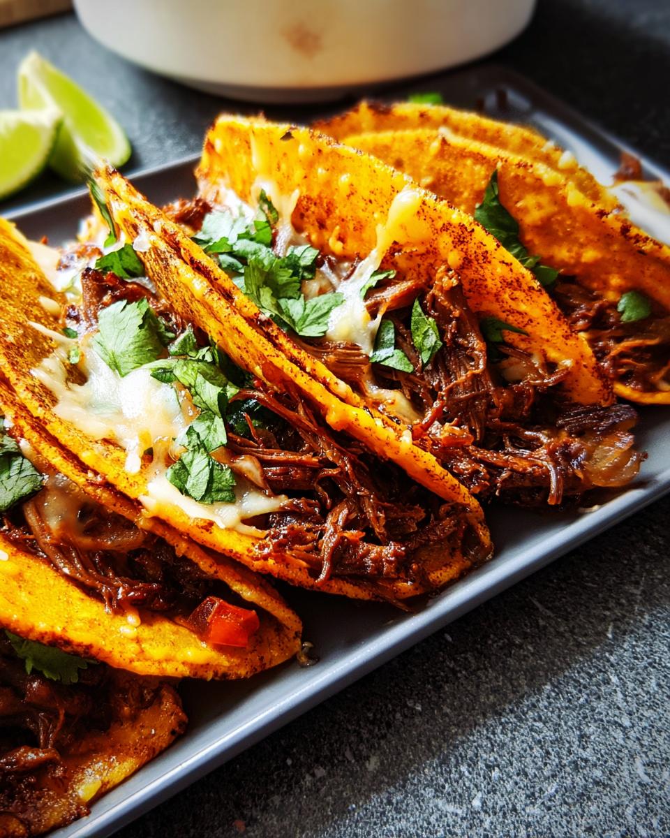 A plate of mouthwatering Birria Tacos filled with shredded beef, melted cheese, and cilantro, perfect for Taco Tuesday.