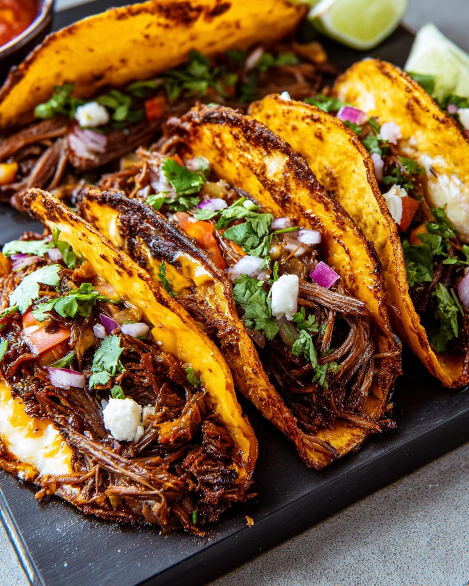 A close-up of crispy birria tacos filled with shredded beef, topped with cilantro, onion, and cheese.
