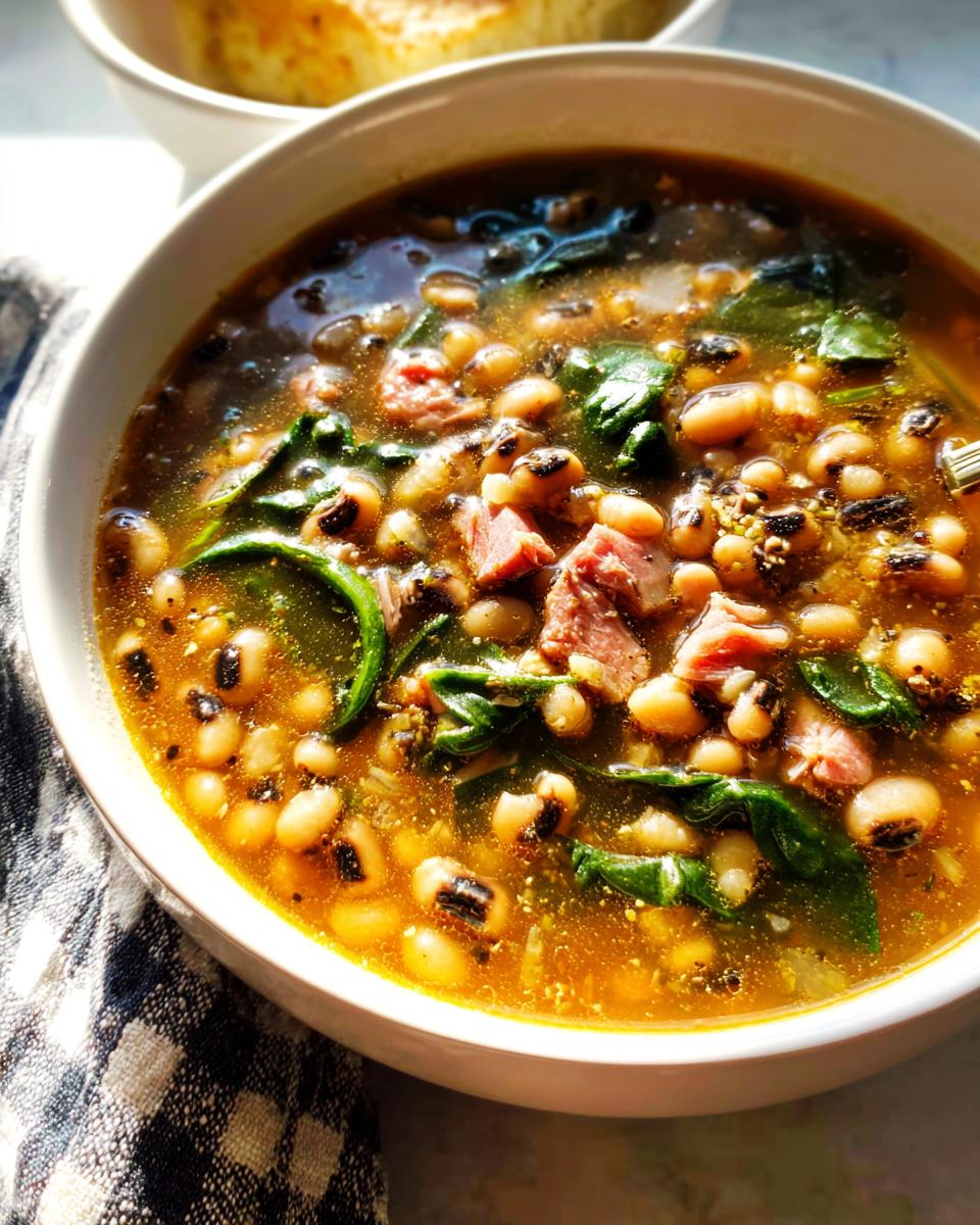 A close-up of a bowl of hearty black eyed pea soup with ham and greens, part of The Ultimate Soup Recipes Guide for Beginners.