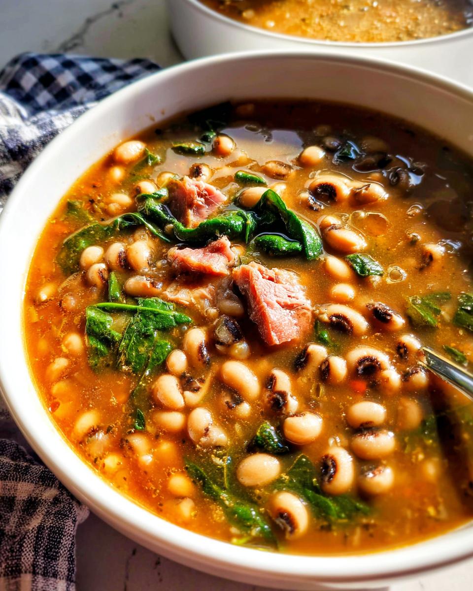 A close-up of a bowl of black-eyed pea soup with ham and greens, part of The Ultimate Soup Recipes Guide for Beginners.