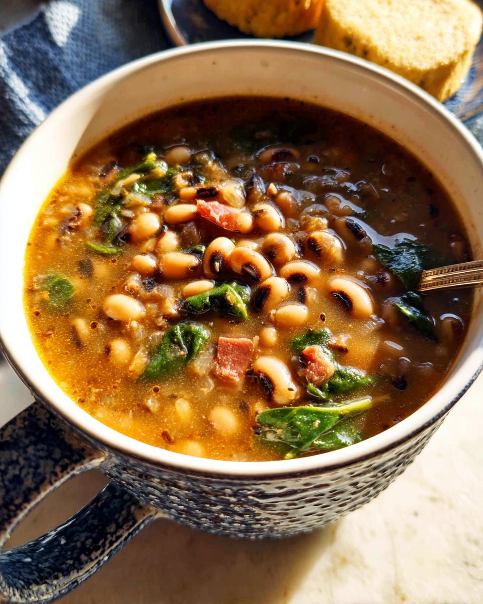 A close-up of a steaming bowl of black eyed peas soup with spinach and ham, perfect for beginners.