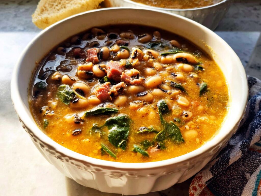 A close-up of a bowl of hearty black eyed peas soup with ham and greens, perfect for beginner soup recipes.