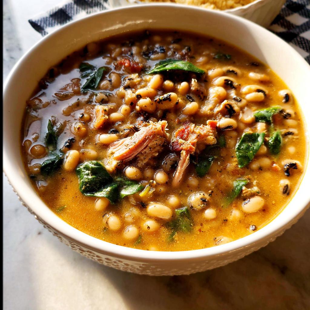 A close-up of a bowl of hearty black eyed peas soup with pulled pork and spinach, part of The Ultimate Soup Recipes Guide for Beginners.