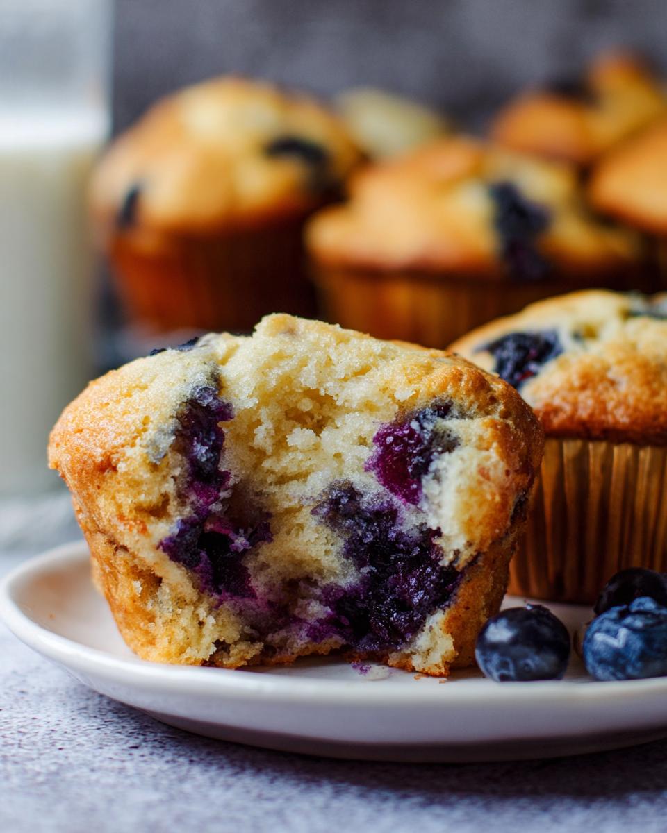Close-up of a blueberry muffin, broken in half to show the moist interior and bursting blueberries. Part of a meal prep cake idea.