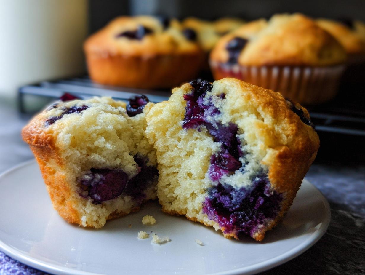 A blueberry muffin, split in half, revealing a fluffy interior packed with juicy blueberries. Part of cake ideas recipes meal prep.