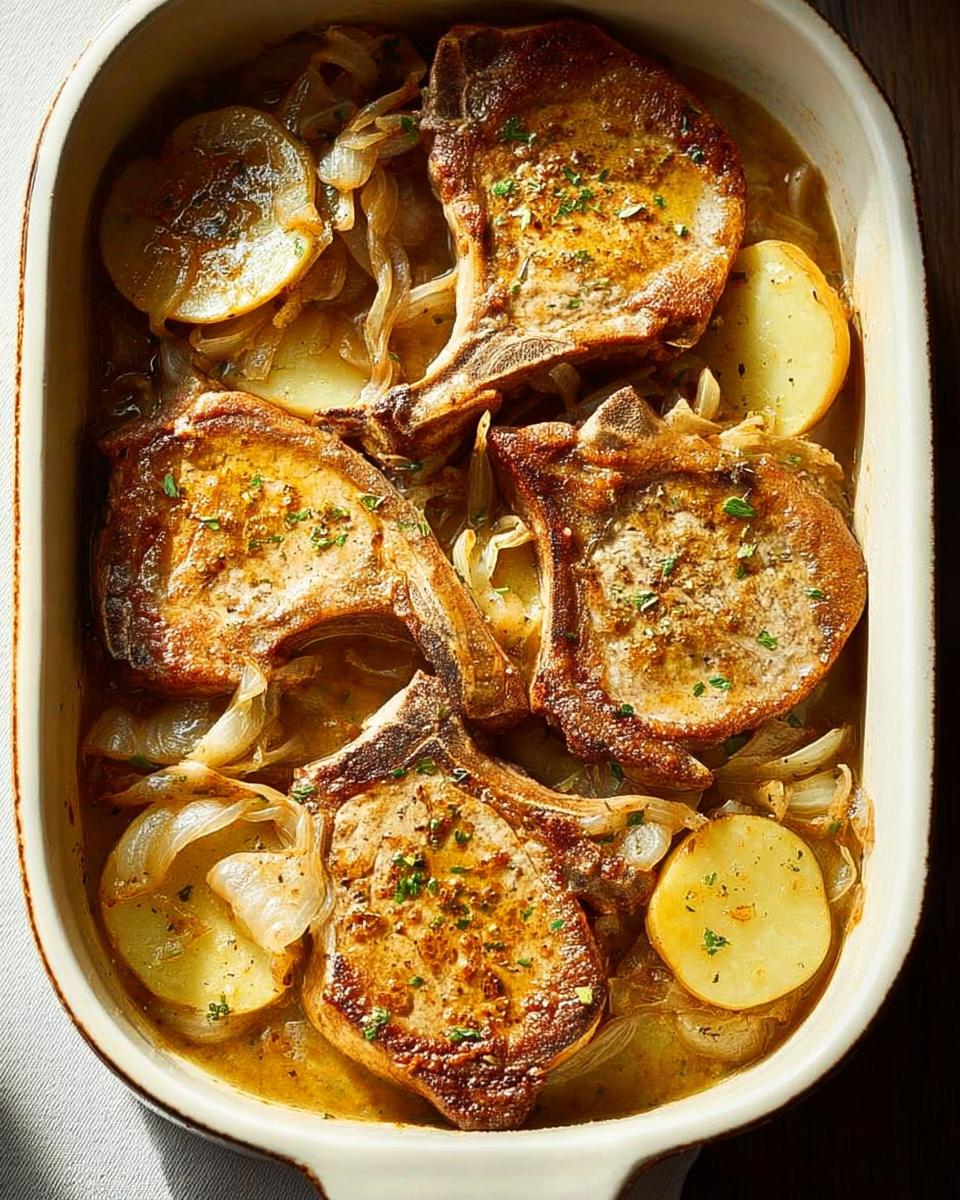 Close-up of braised pork chops with sliced potatoes and onions in a baking dish.