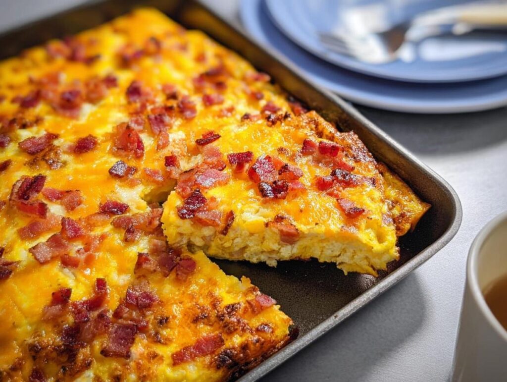 A slice of breakfast casserole with bacon and cheese, ready to be served.