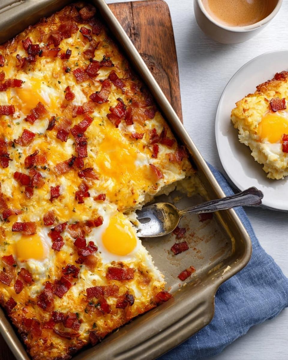 A delicious breakfast casserole with bacon, cheese, and eggs baked in a pan, with a slice served on a plate.