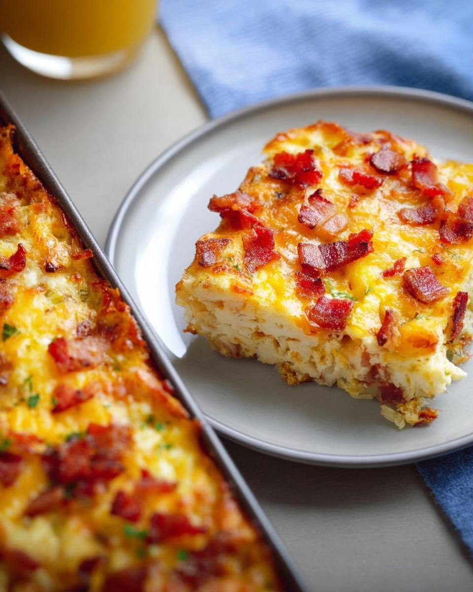 A slice of savory breakfast casserole with bacon and cheese, part of the best breakfast ideas recipes.